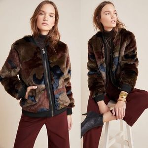 Anthropologie Coat Bomber, cami pattern with soft plush Faux Fur